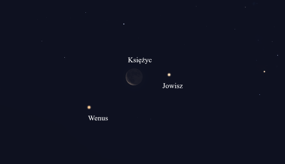 „Zwrot” astronomicznie: Wenus, mały sierp Księżyca i Jowisz
