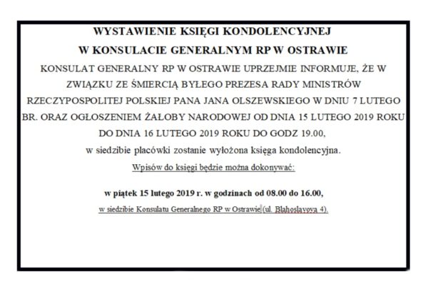 W Konsulacie Generalnym w Ostrawie wystawiono Księgę Kondolencyjną