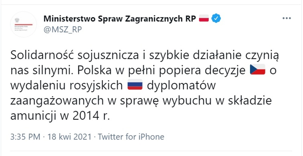 Polska popiera decyzję Czech o wydaleniu rosyjskich dyplomatów