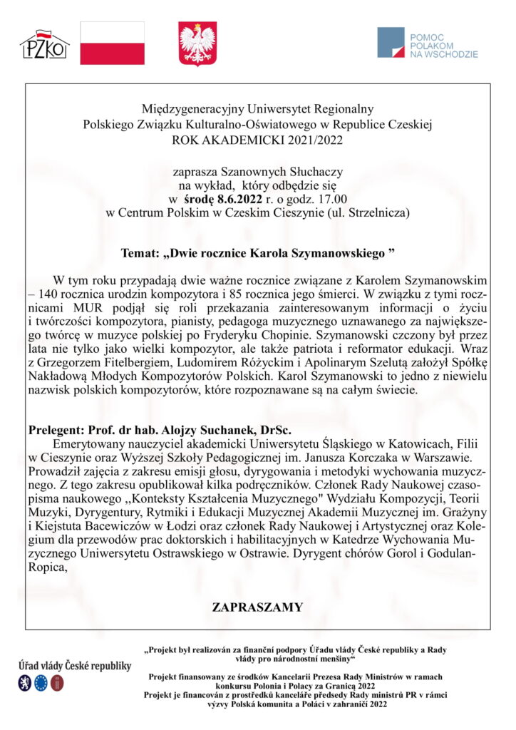 Czerwcowy wykład MUR-u. Prof. Alojzy Suchanek przedstawi sylwetkę Karola Szymanowskiego z okazji 140 rocznicy urodzin kompozytora i 85 rocznicy jego śmierci.