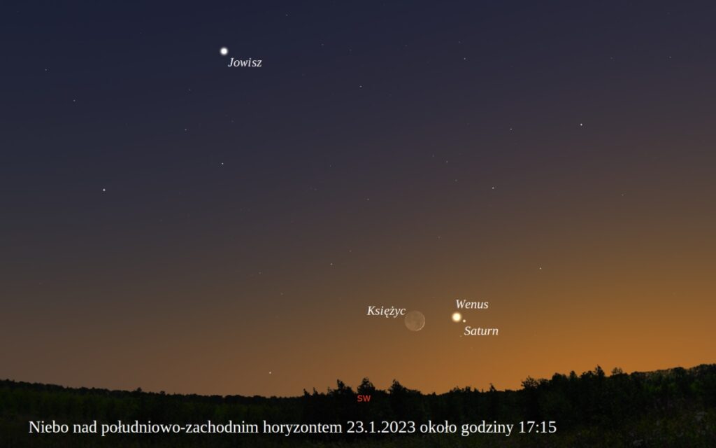 Młody Księżyc w złączeniu z Wenus i Saturnem
