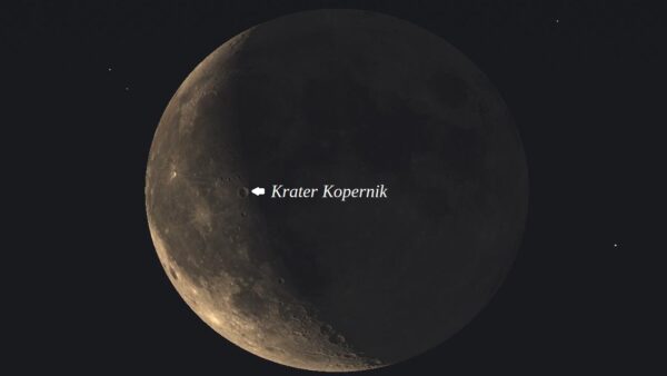 Wyjątkowa okazja do łatwego odnalezienia krateru księżycowego Kopernik. Ponadto Księżyc znajdzie się w pobliżu Jowisza