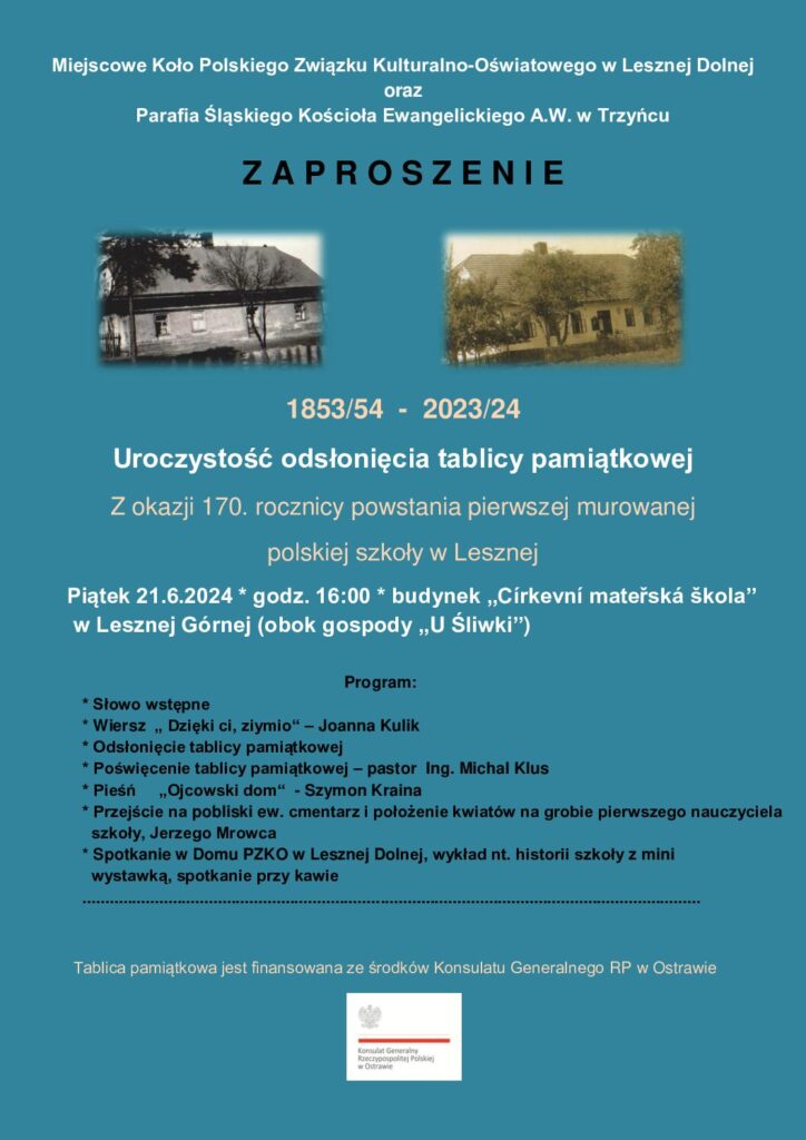 Uroczystość odsłonięcia tablicy pamiątkowej Z okazji 170. rocznicy powstania pierwszej murowanej polskiej szkoły w Lesznej